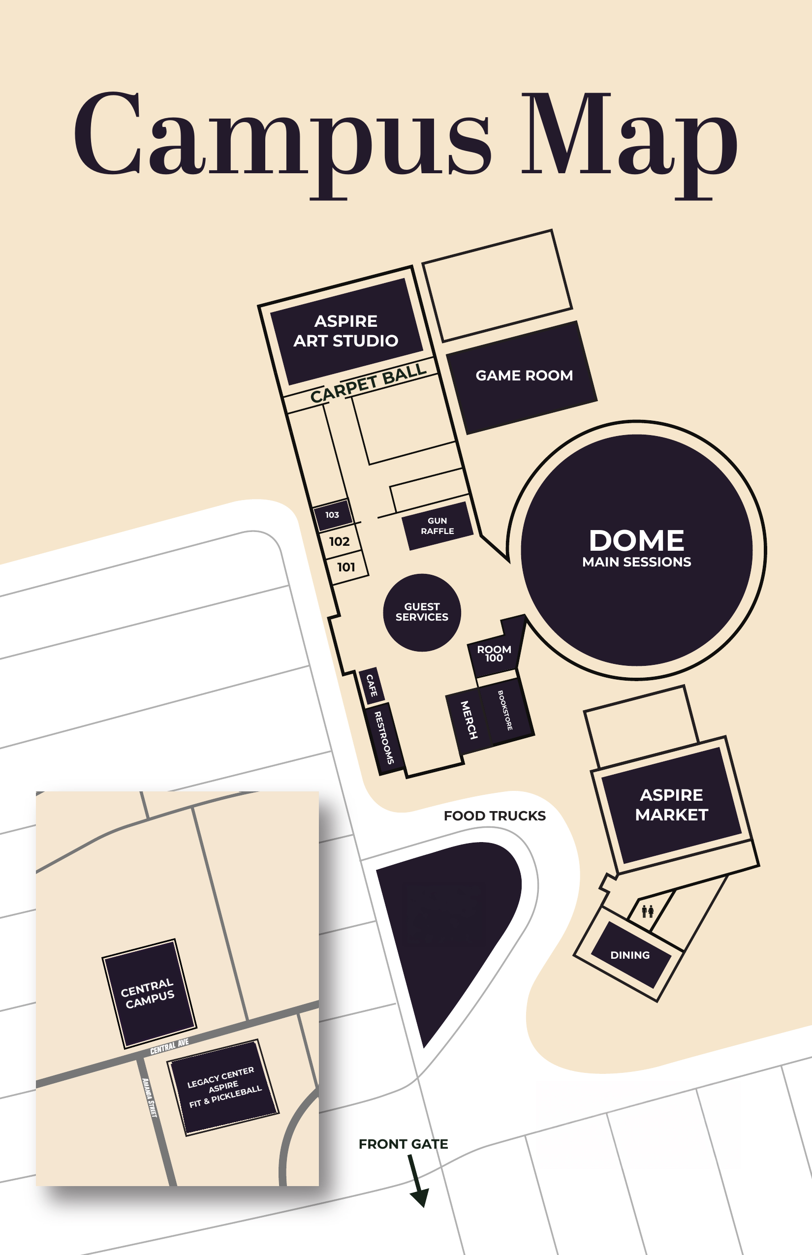 Aspire 2026 Central Campus map showing the dome, foyer, Student Center, LKids, Circle Drive, and Room 101
